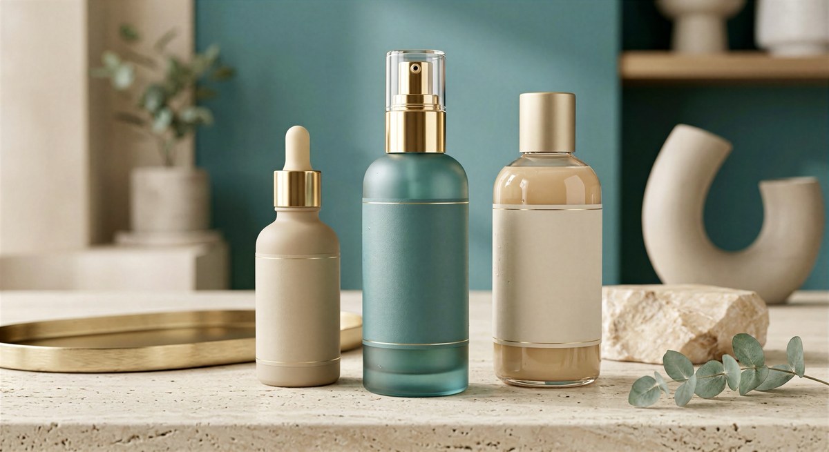 Three blank skincare bottles with gold caps on a stone table with teal and cream decor