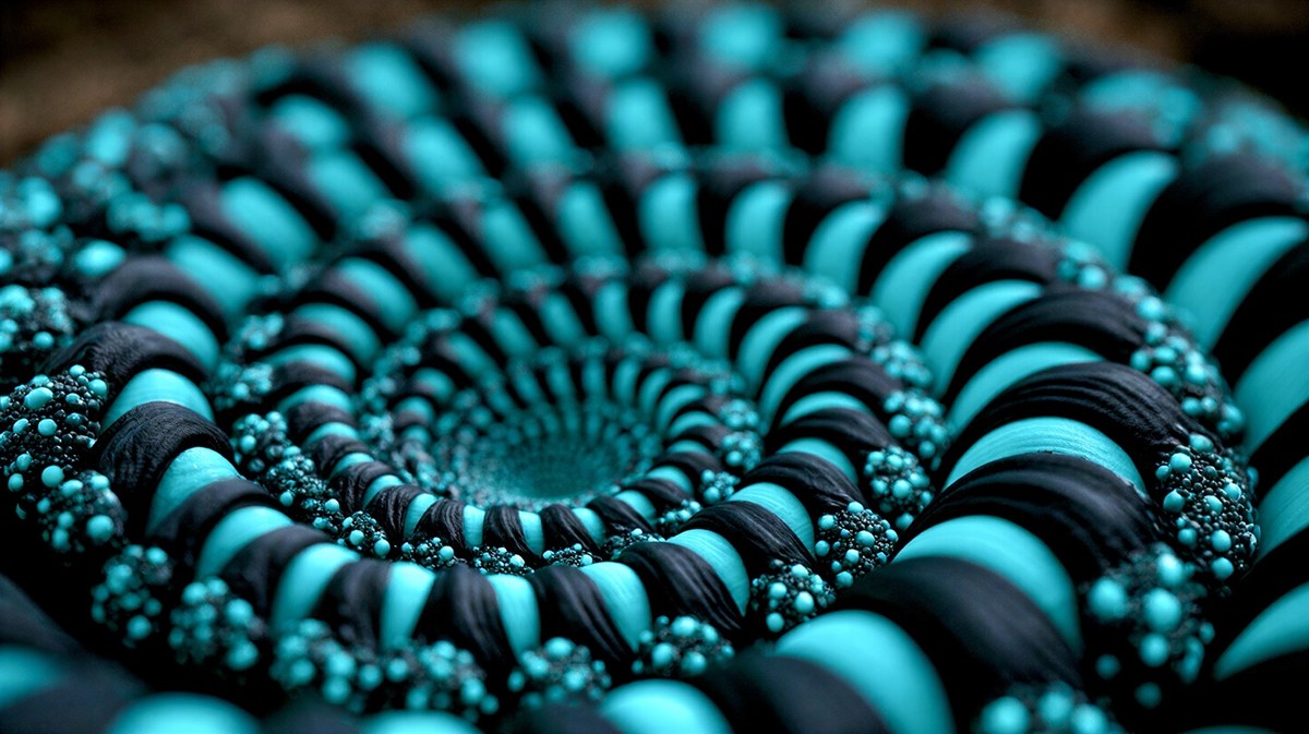 Turquoise and black textured spiral with intricate beads and a hypnotic central curve