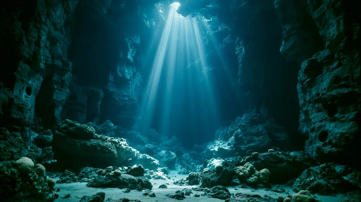 Sunbeams illuminating a blue underwater cave and rocky seafloor