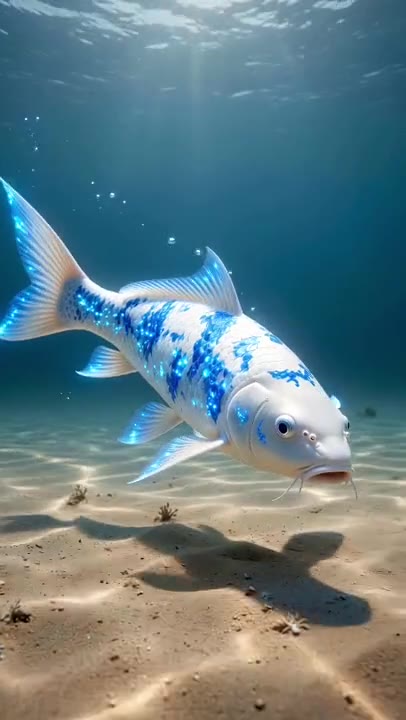Blue and white koi swimming in clear water above a sandy floor