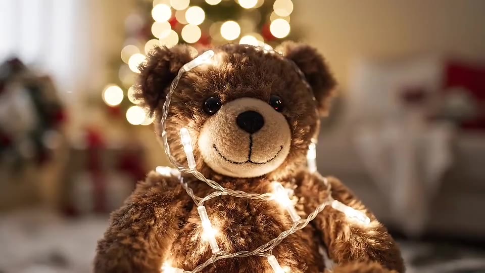 Brown teddy bear wrapped in twinkling Christmas fairy lights