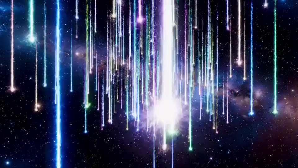 Colorful sparkling laser beams falling through a glowing starfield