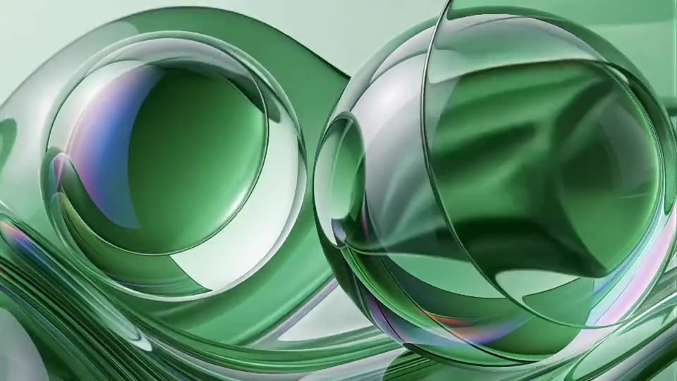 Abstract green glass spheres with flowing iridescent liquid waves