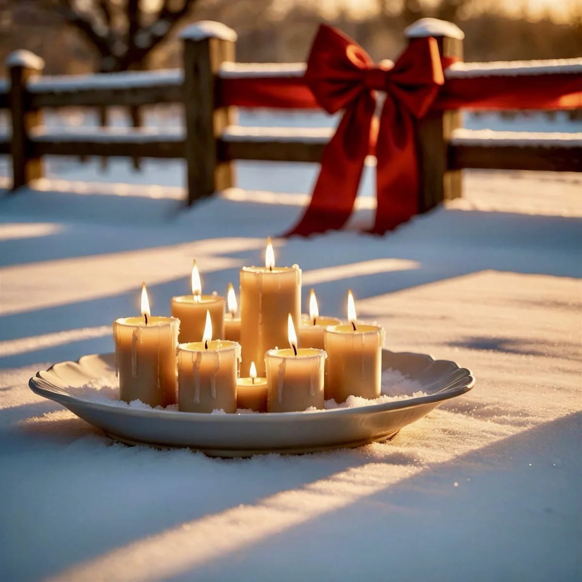 Candles on a plate in the snow beside a wooden fence with a red bow